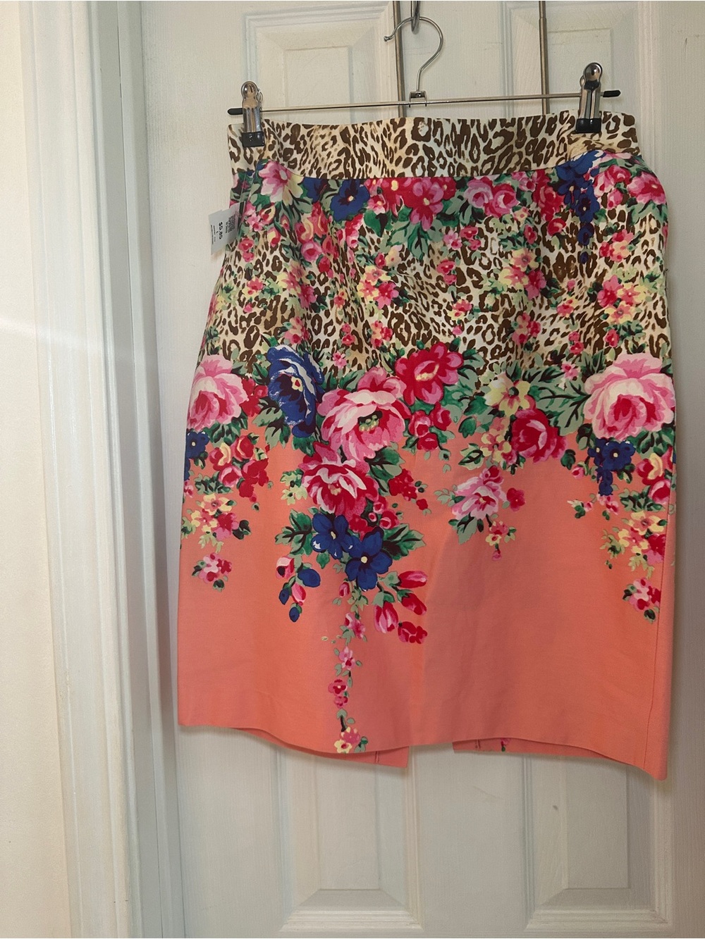 Blumarine Coral Pencil Skirt with Floral & Leopard Motif
